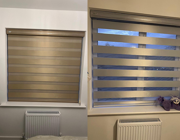 Modern Zebra Blinds installed in home interior by Nexa Fabricators Chennai